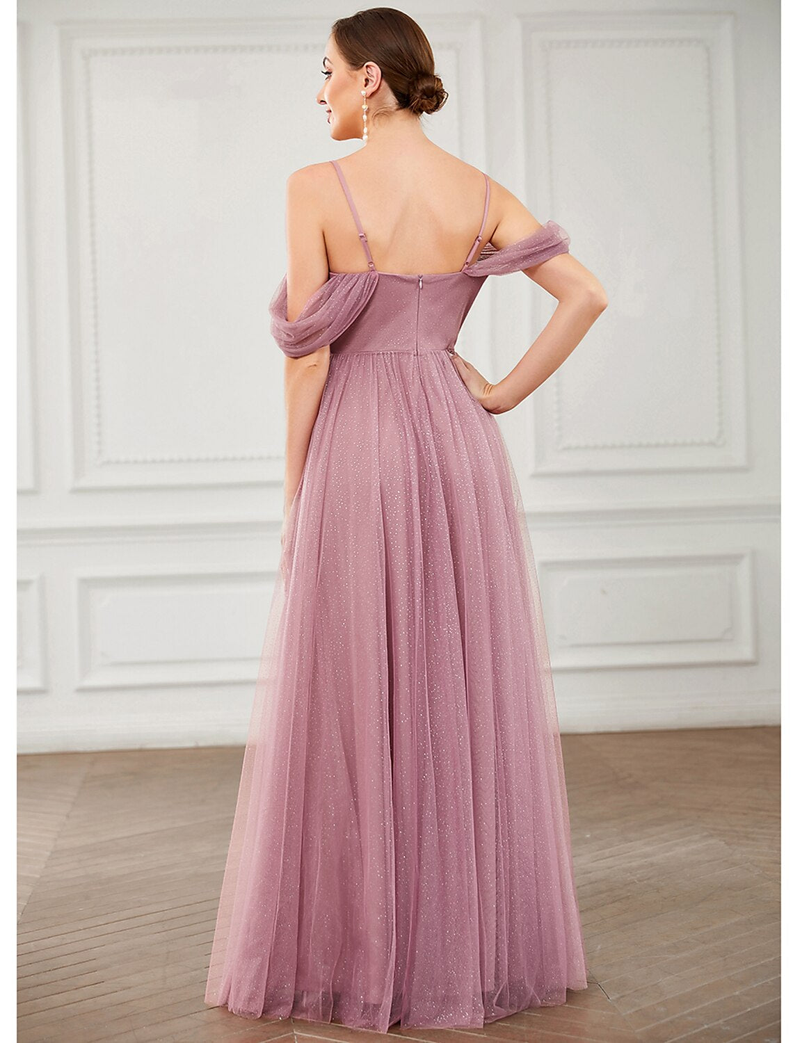 Wholesale  A-Line Prom Dresses Elegant Dress Wedding Guest Prom Floor Length Sleeveless V Neck Bridesmaid Dress Tulle with Pleats